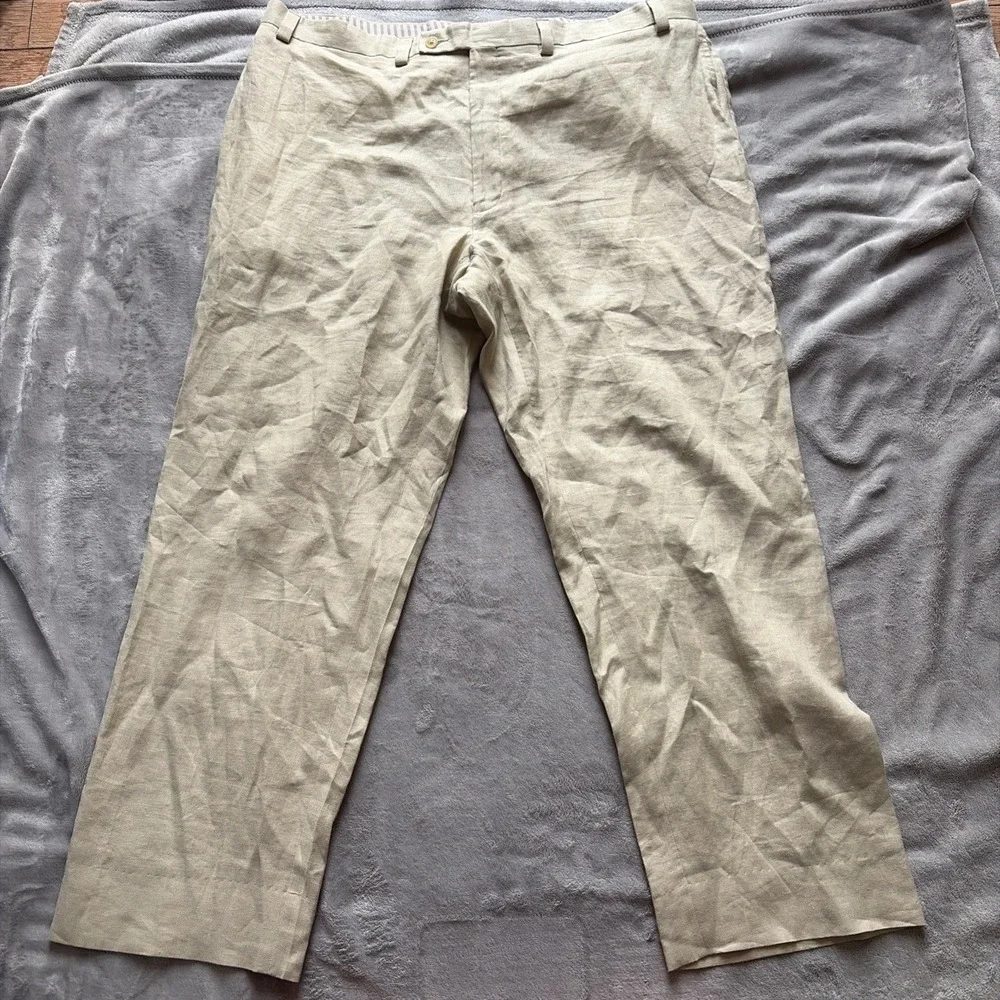 Calvin Klein Pants Mens 42R Beige 100% Linen Dress Trousers Flat Front Summer